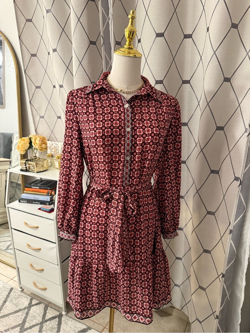 Max Studio Burgundy Floral Geometric Long-Sleeve Belted Dress